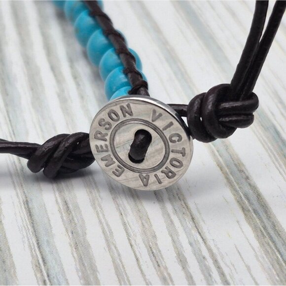 Victoria Emerson Blue Turquoise Stone Beads Brown Leather Cord Wrap Bracelet 36" - Picture 10 of 11